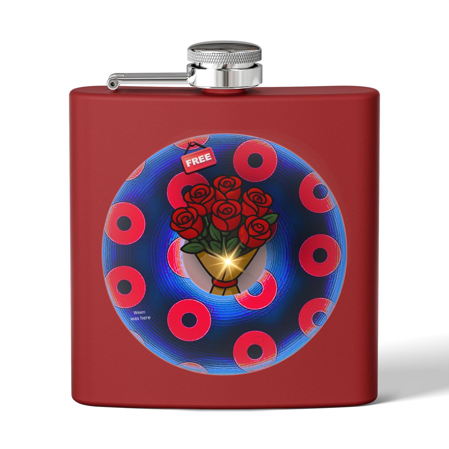 Lump's Donut Flask 6 oz -  "Donuts R Phree" - red/blue rustic donut - [*w/your choice of 6 backgrounds]