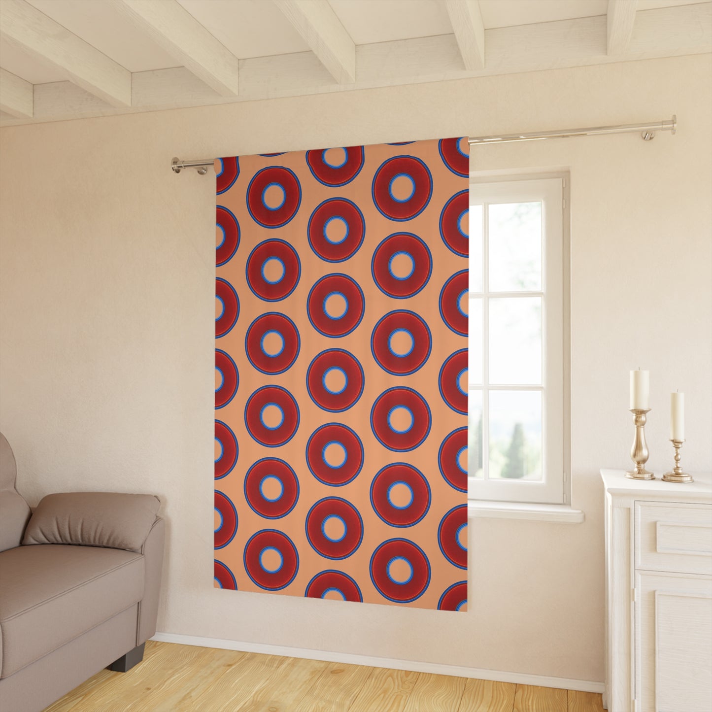 Lump's Heady Curtain w/Donuts - vivid red donut print - w/peach background - [*1 Piece / 50" x 84"]