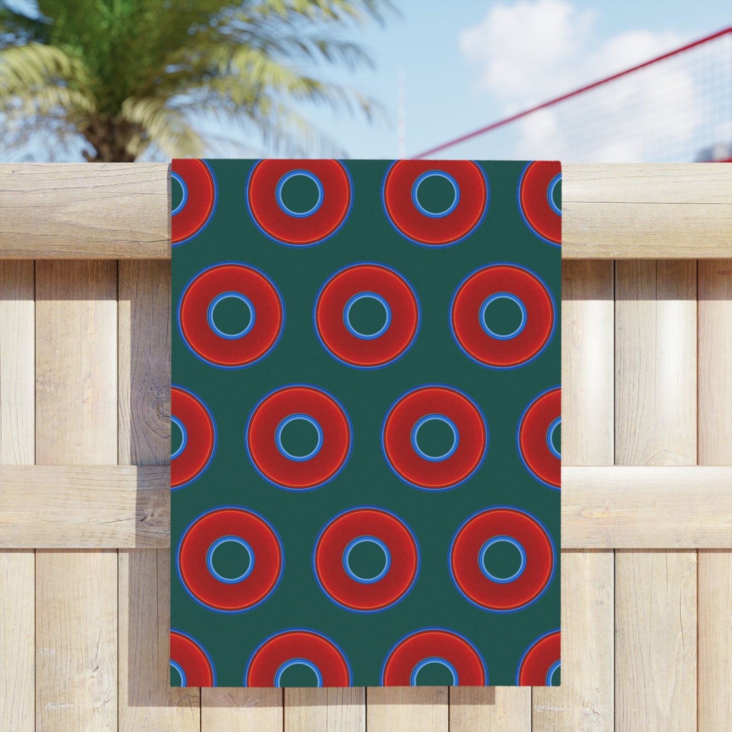 Lumpy Donut Towels - vivid red donuts w/dark Fenway green background