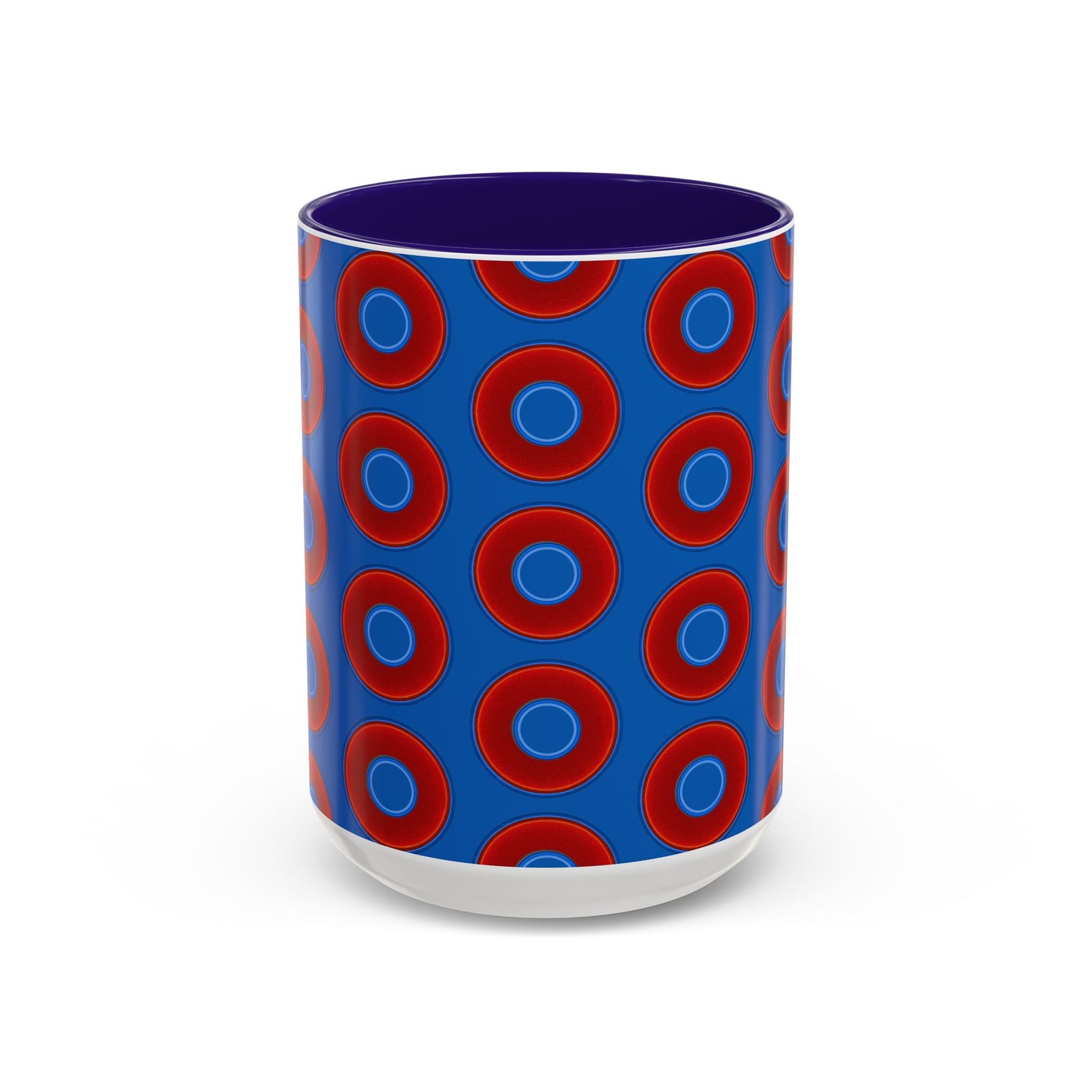 Lump's Grumpy Coffee Mug - vivid red donuts w/dark royal blue background