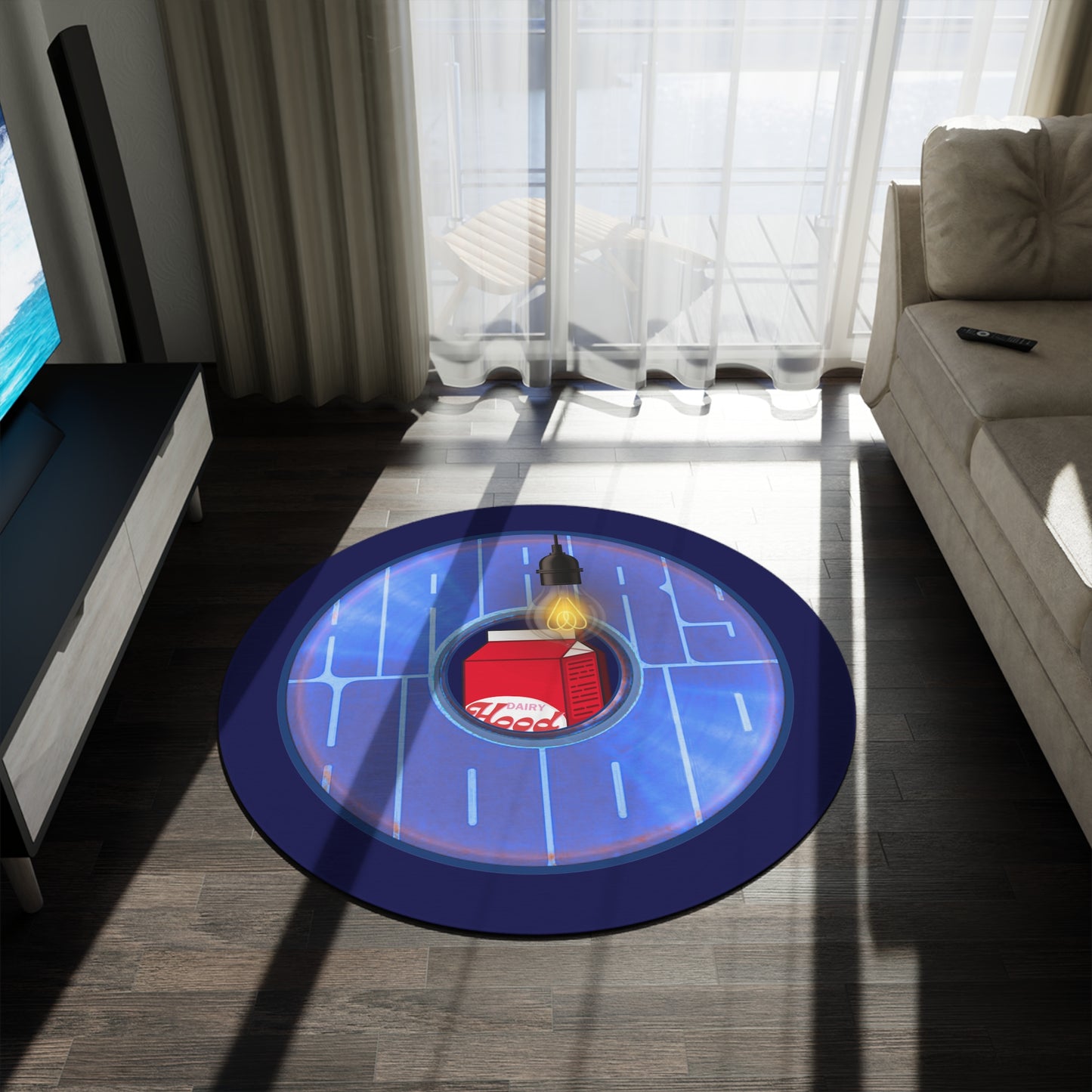 Round Room - 5 ft x 5 ft Lumpy Donut Rug - "Harry's Preferred Donut Rug" - vivid blue/violet word donut w/navy blue background - variant 4