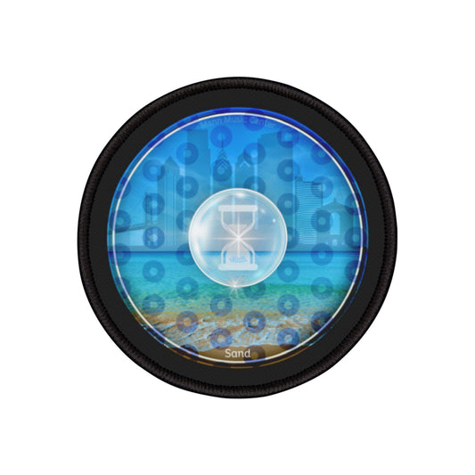 Iron-On Donut Patch - "Philly Special - Still Loading Sand" - vivid blue paradoxical pic donut - variant 1