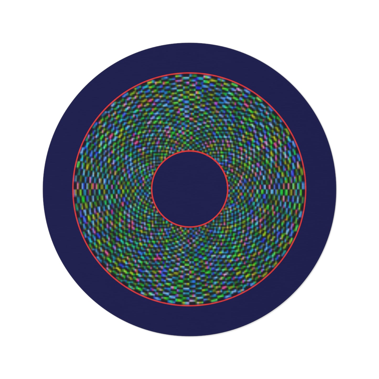 Round Room - 5 ft x 5 ft Lumpy Donut Rug - "Plain Donut" - pixilated multicolor donut w/navy background - variant 1