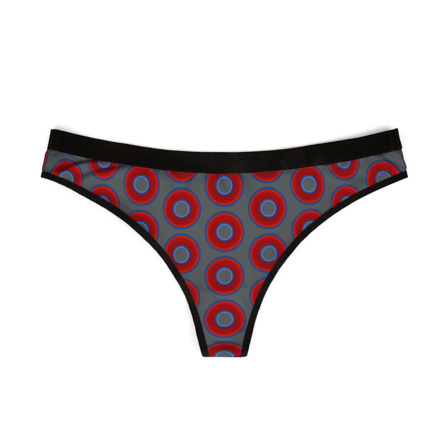 Lumpy Donut Thongs - red vivid donut print w/dark gray background
