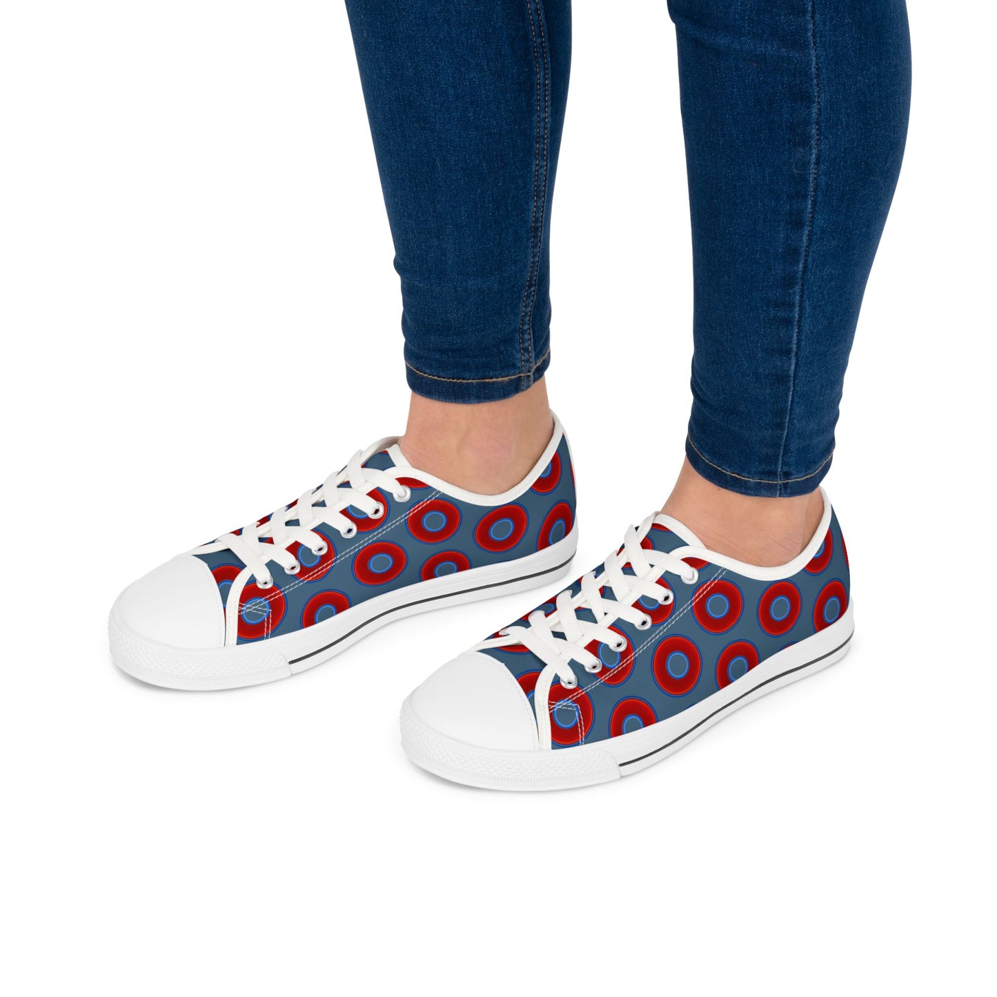 Women's - Low Top Chuck Taylors - large vivid red donut print w/steel bleu background