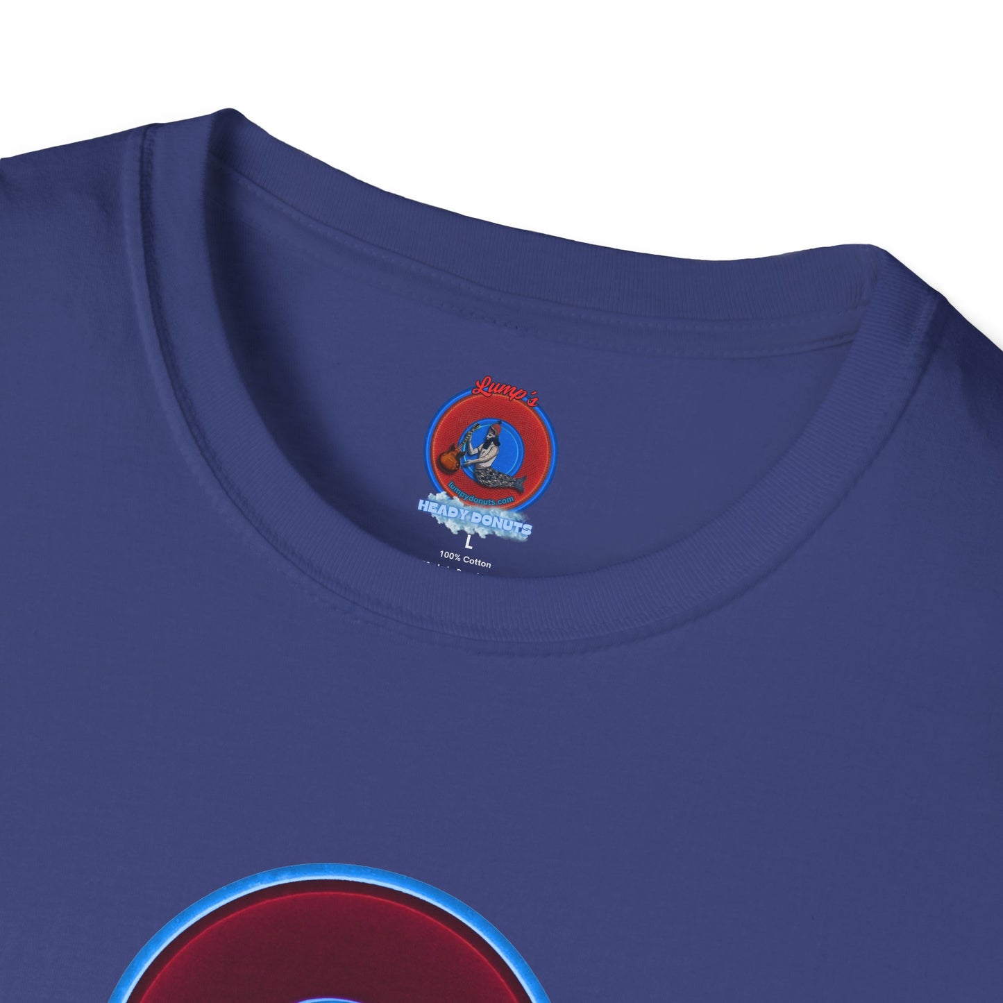 Classic Donut Tee - Unisex Soft-Style - "Brotherly Donuts Jawn" - vivid dark purple-red/light blue donut