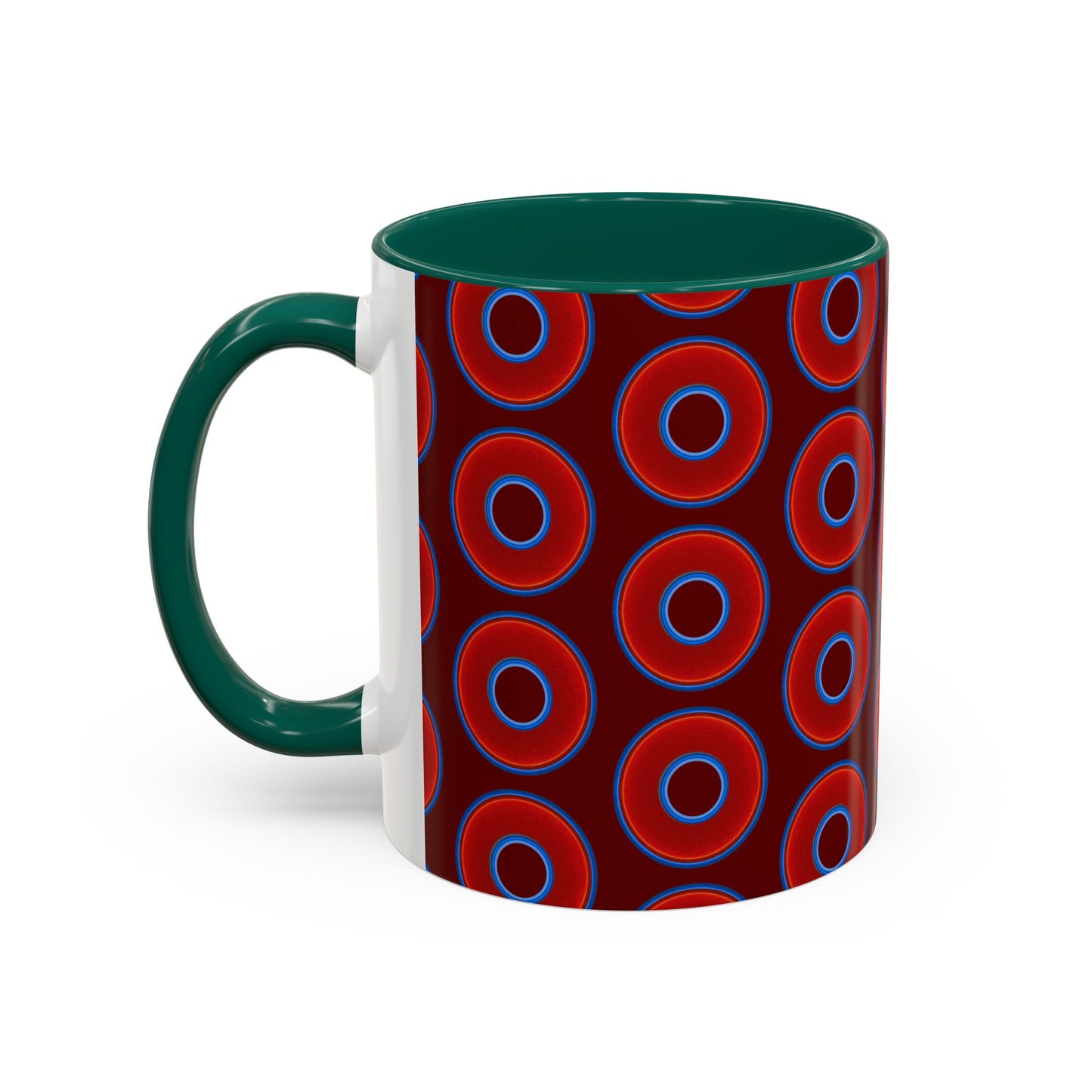 Lump's Grumpy Coffee Mug - vivid red donuts w/dark red background
