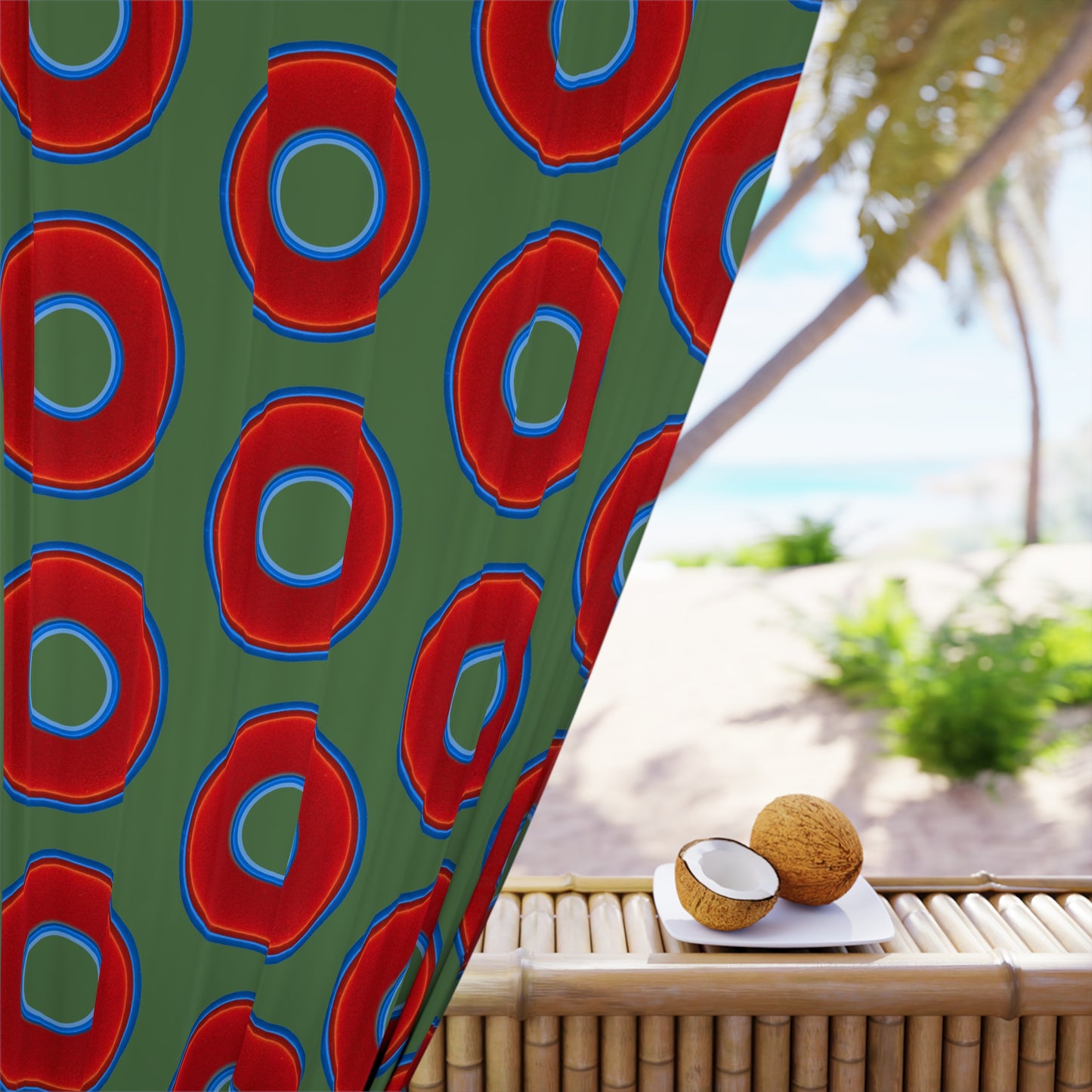 Lump's Heady Curtain w/Donuts - vivid red donut print - w/Fenway green background - [*1 Piece / 50" x 84"]