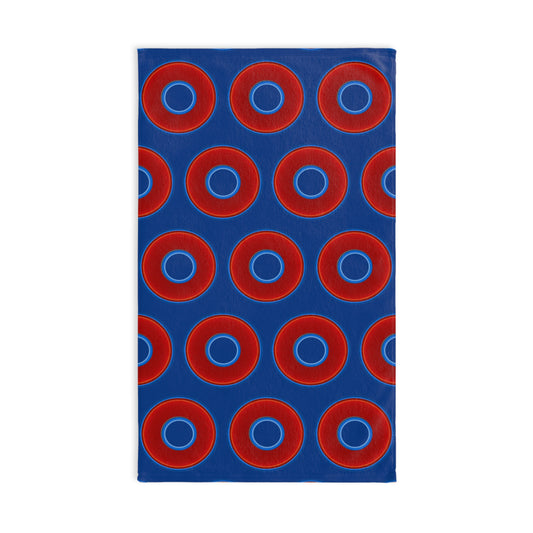 Lumpy Kitchen/Hand Towels - vivid red donuts w/dark blue background