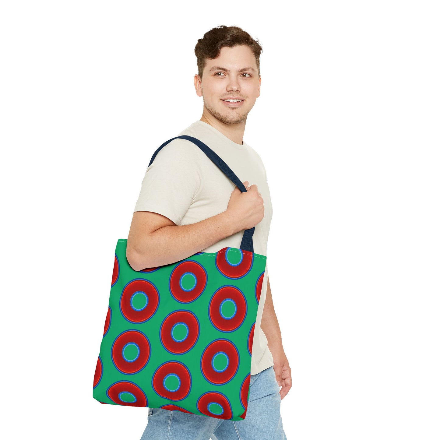 Lumpy Beach/Tote Bag - red vivid donuts w/jade green background