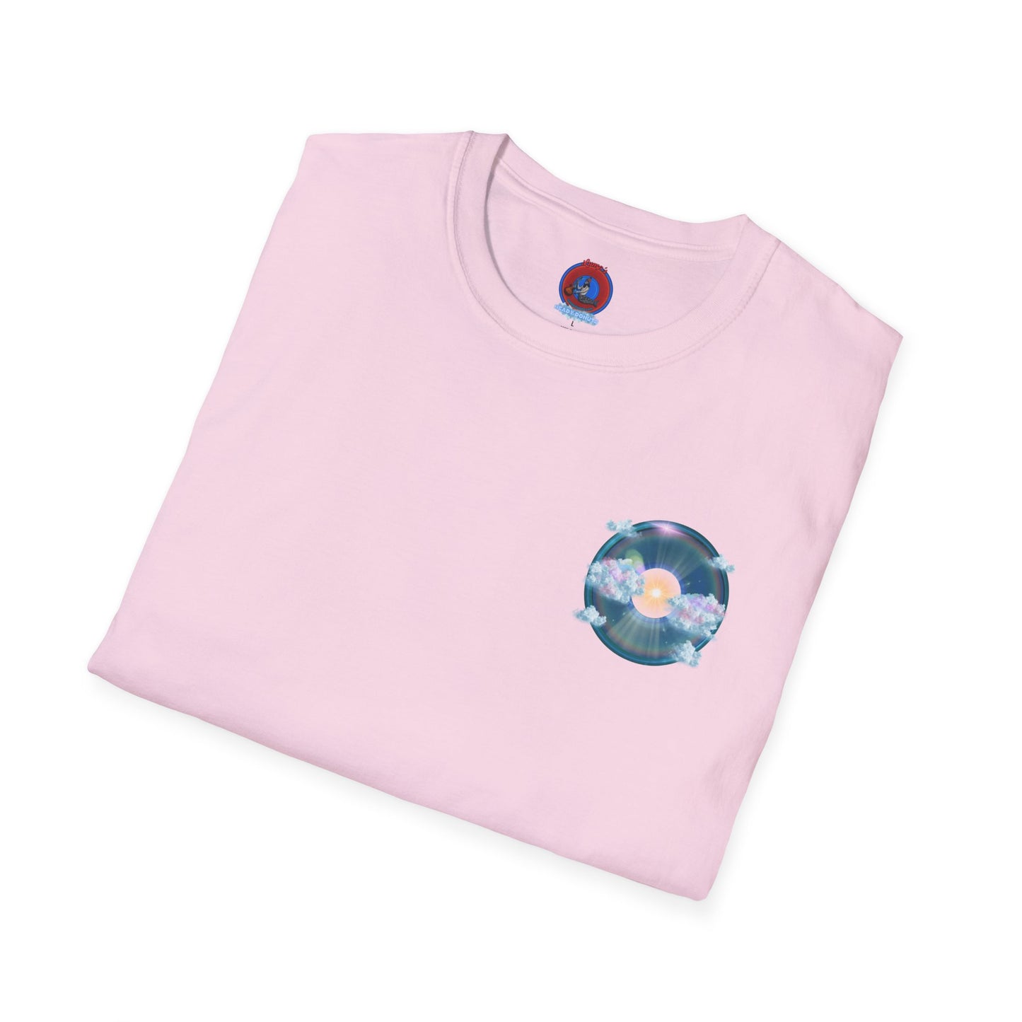 Classic Donut Tee - Unisex Soft-Style - "The Divided Donut" - variant 2 - blue donut  w/hole & sun [*50% to The Divided Sky Foundation]