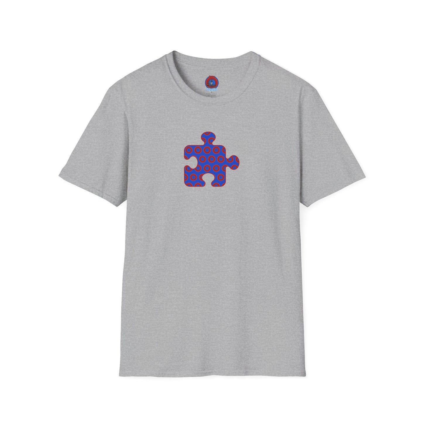 Classic Donut Tee - Unisex Soft-Style - "Trey's Completed Donut Pattern" - vivid red/blue puzzle pattern - variant 2