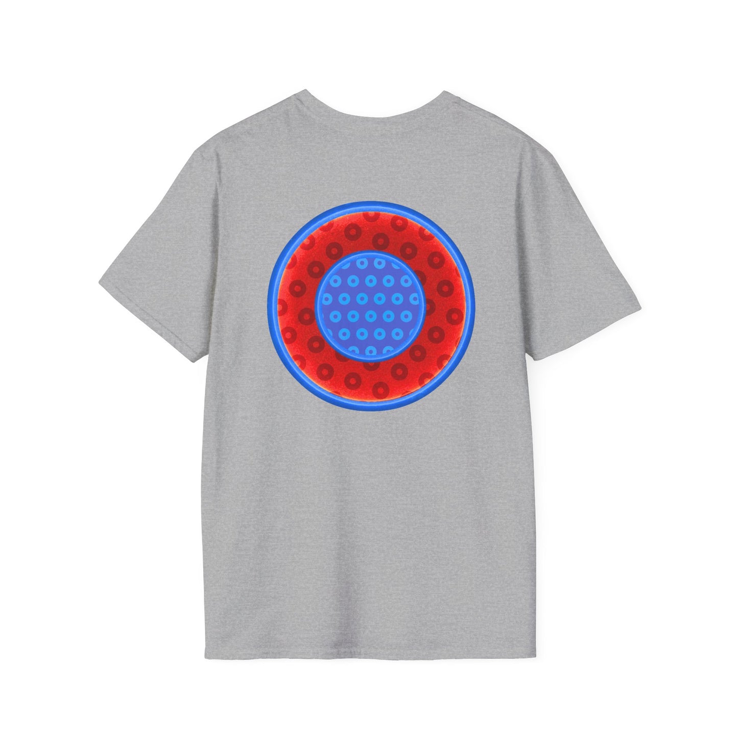Classic Donut Tee - Unisex Soft-Style - "All You Can Eat Donut Platter" - red/blue paradoxical donuts