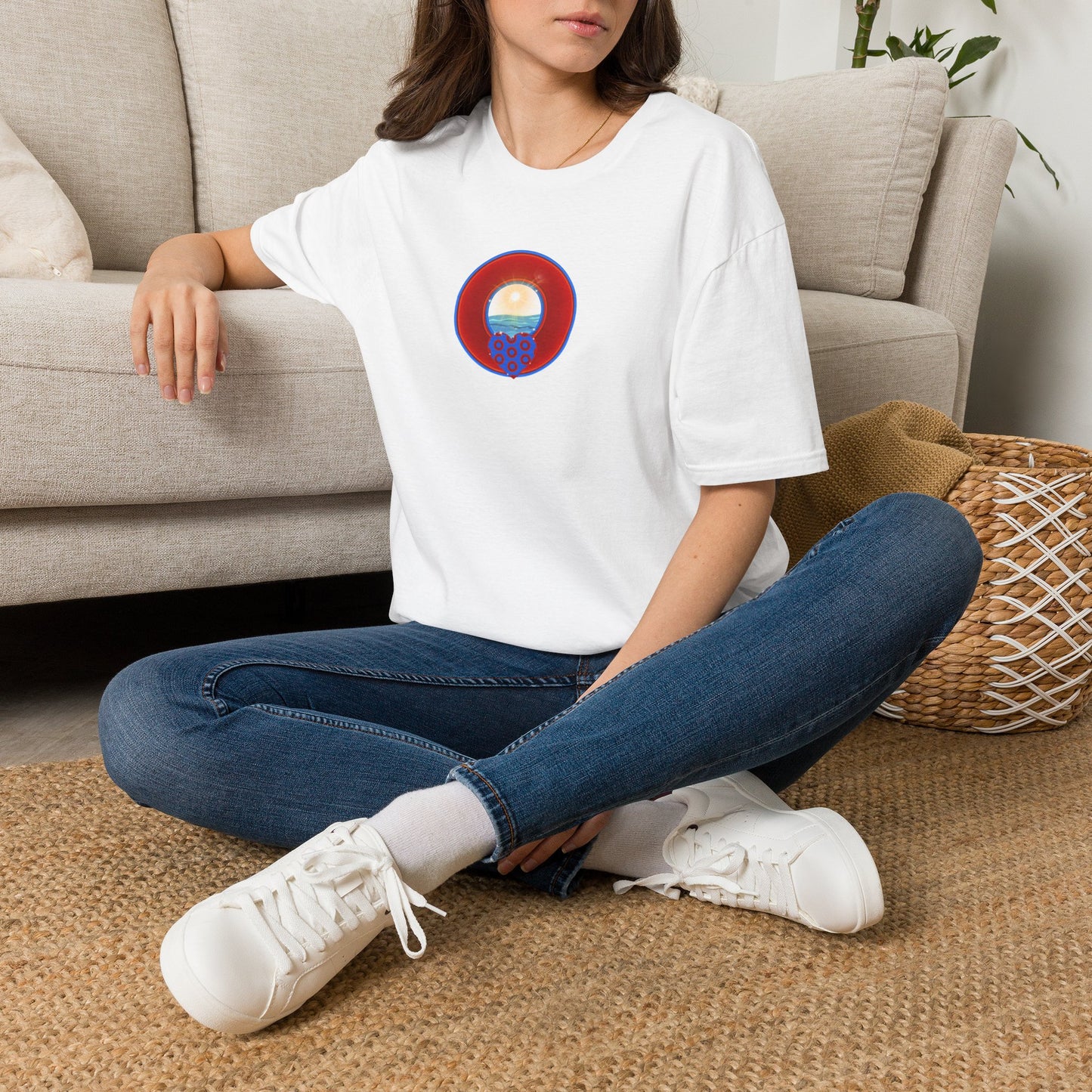 Classic Donut Tee - Unisex Soft-Style - "Ocean Donuts of Love" - vivid red donut - w/sun - variant 2