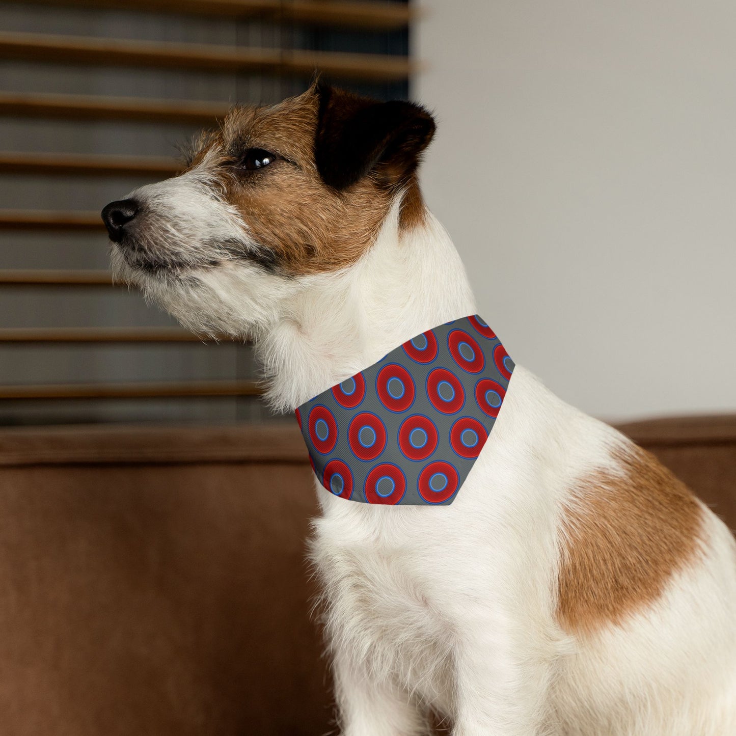 Jim's Lumpy Bandana Pet Collar - vivid red donuts w/dark gray background