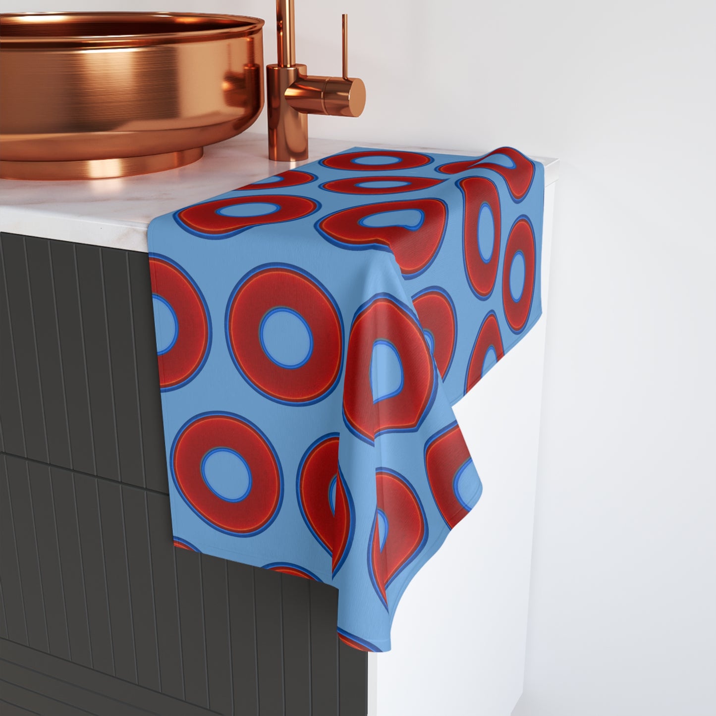 Lumpy Kitchen/Hand Towels - vivid red donuts w/light blue background