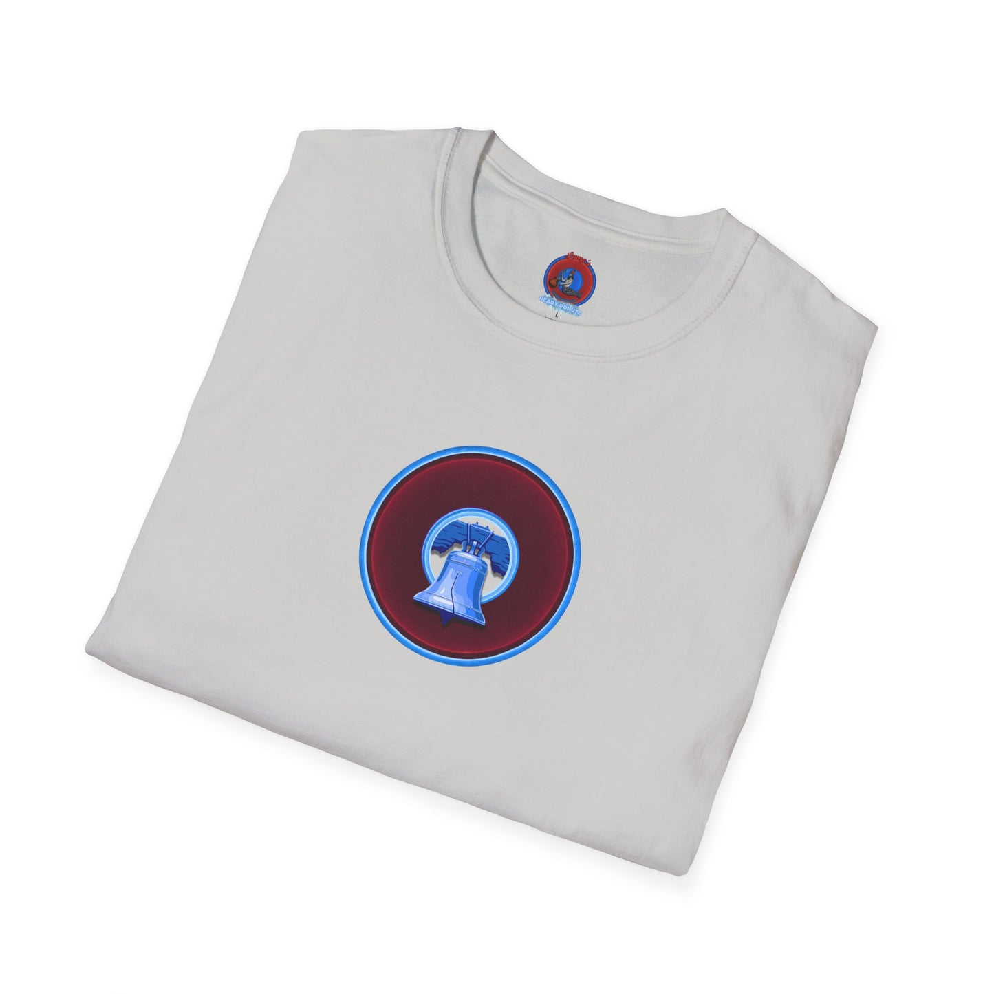 Classic Donut Tee - Unisex Soft-Style - "Brotherly Donuts Jawn" - vivid dark purple-red/light blue donut