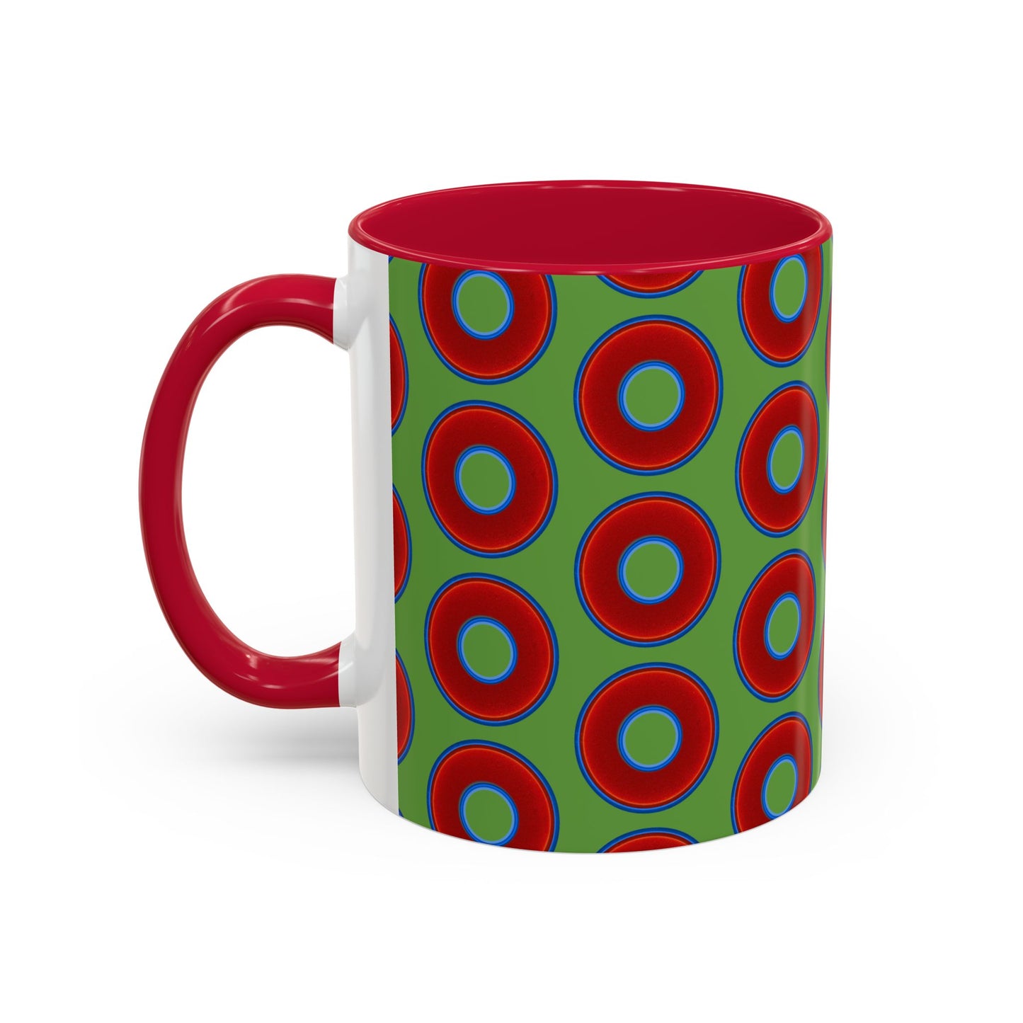 Lump's Grumpy Coffee Mug - vivid red donuts w/light green background