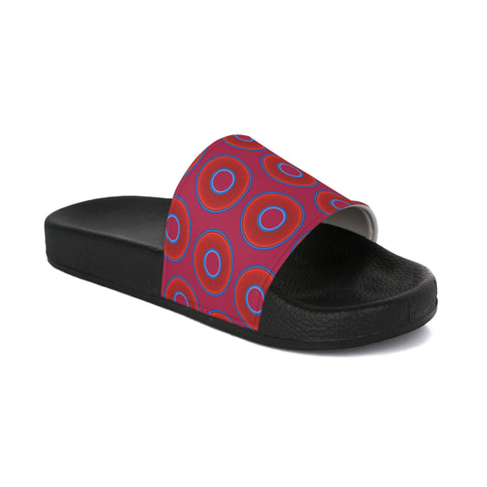 Men's Lumpy Sandals - slip-ons - red vivid donuts w/dark magenta background