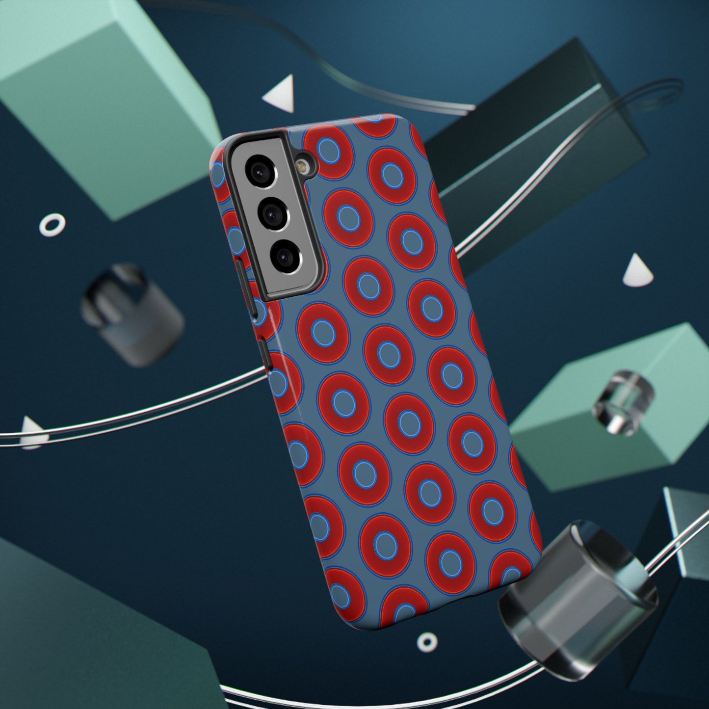 Impact-Resistant Lumpy Donut Case - red vivid donut print w/steel blue background