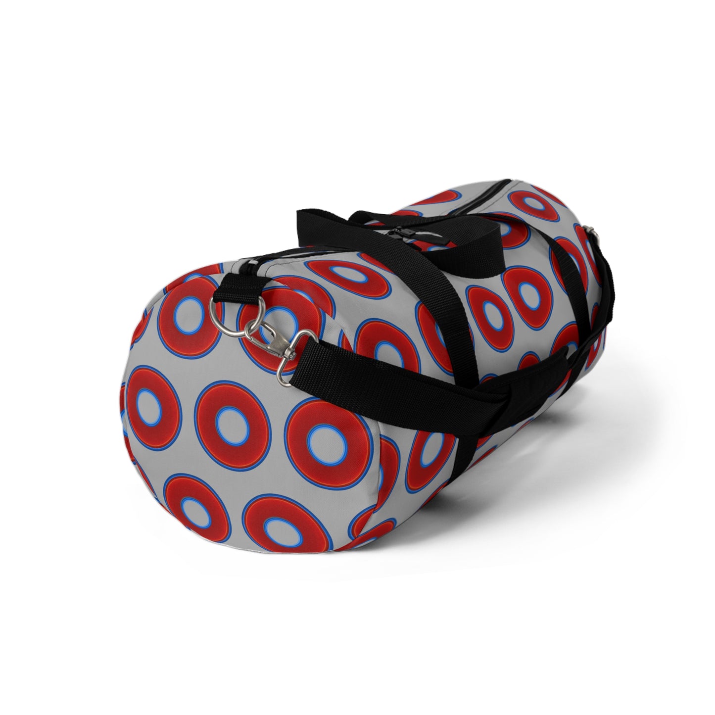 Lumpy Duffel - vivid red donuts w/light gray background