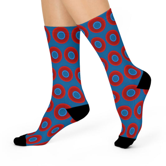 Lumpy Sox - cushioned crew - vivid red donut print w/wavy navy blue background