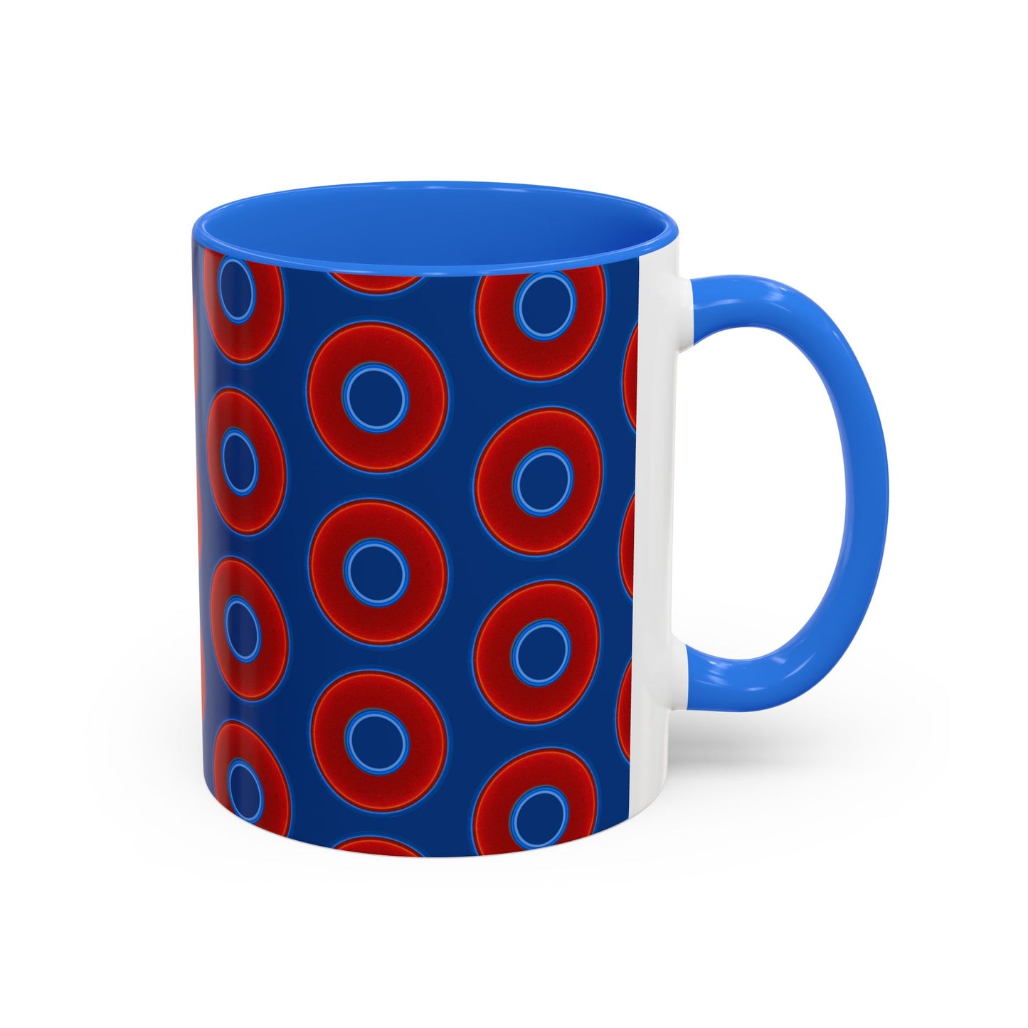 Lump's Grumpy Coffee Mug - vivid red donuts w/dark blue background