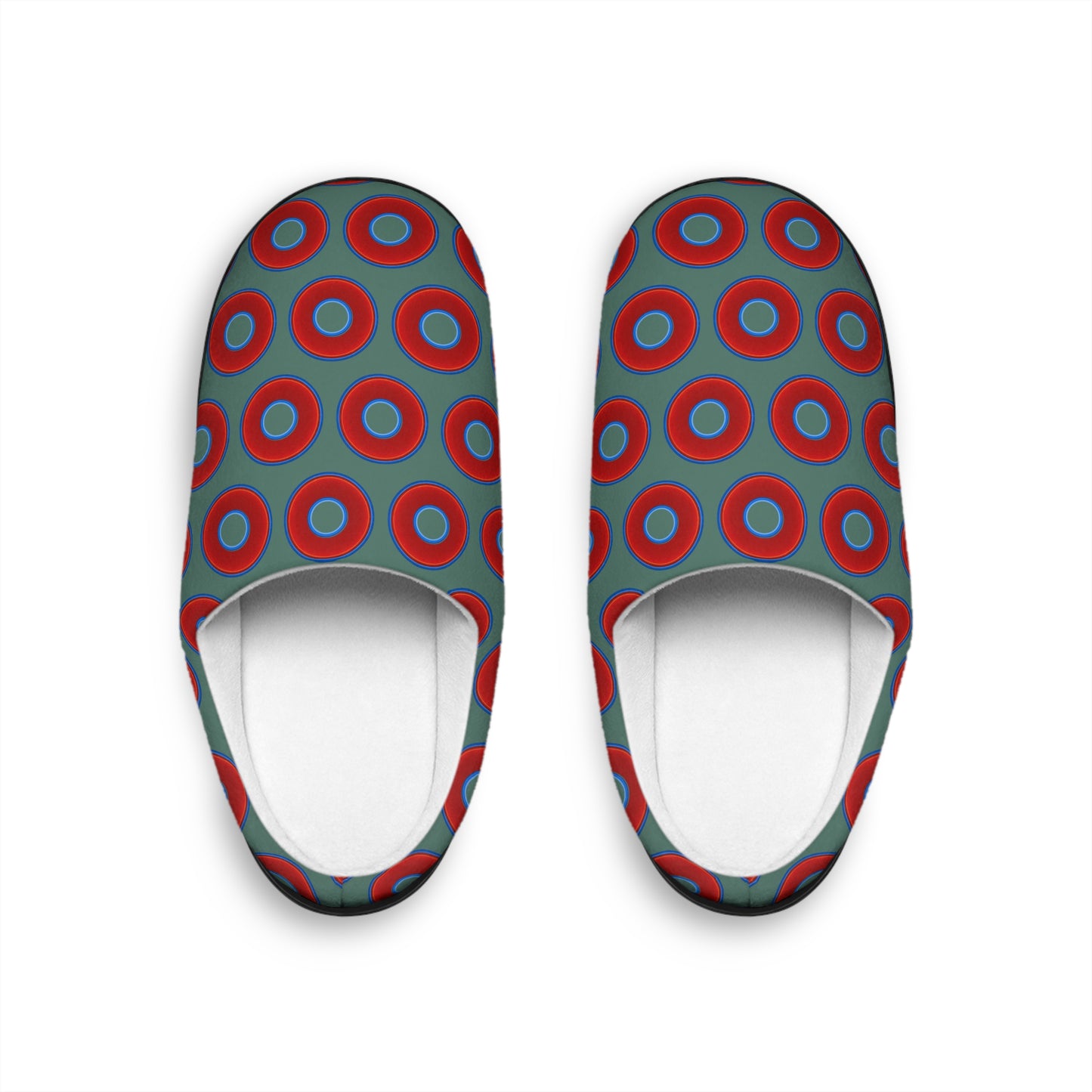 Women's Lumpy Slippers - red vivid donut print w/Fenway green background