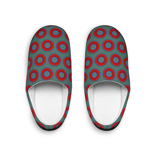 Women's Lumpy Slippers - red vivid donut print w/Fenway green background