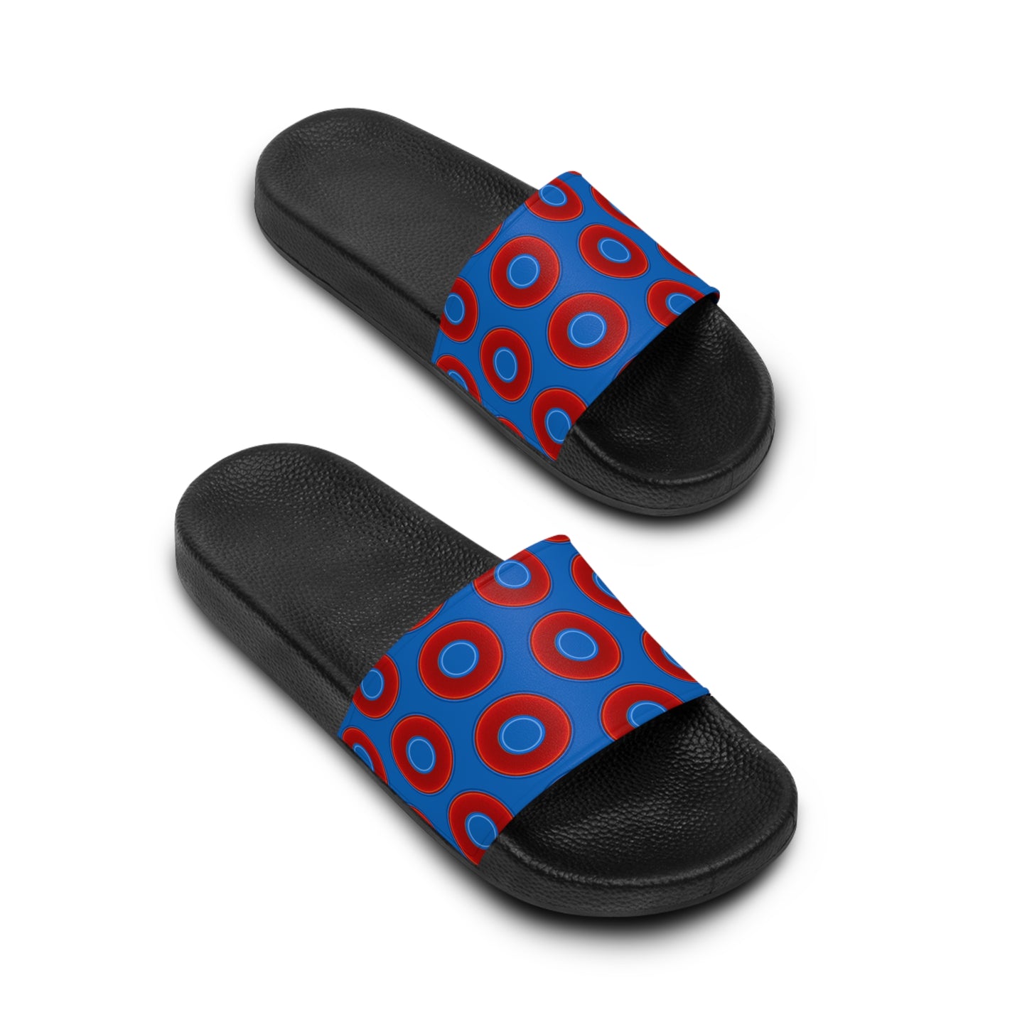 Men's Lumpy Sandals - slip-ons - red vivid donuts w/dark royal blue background