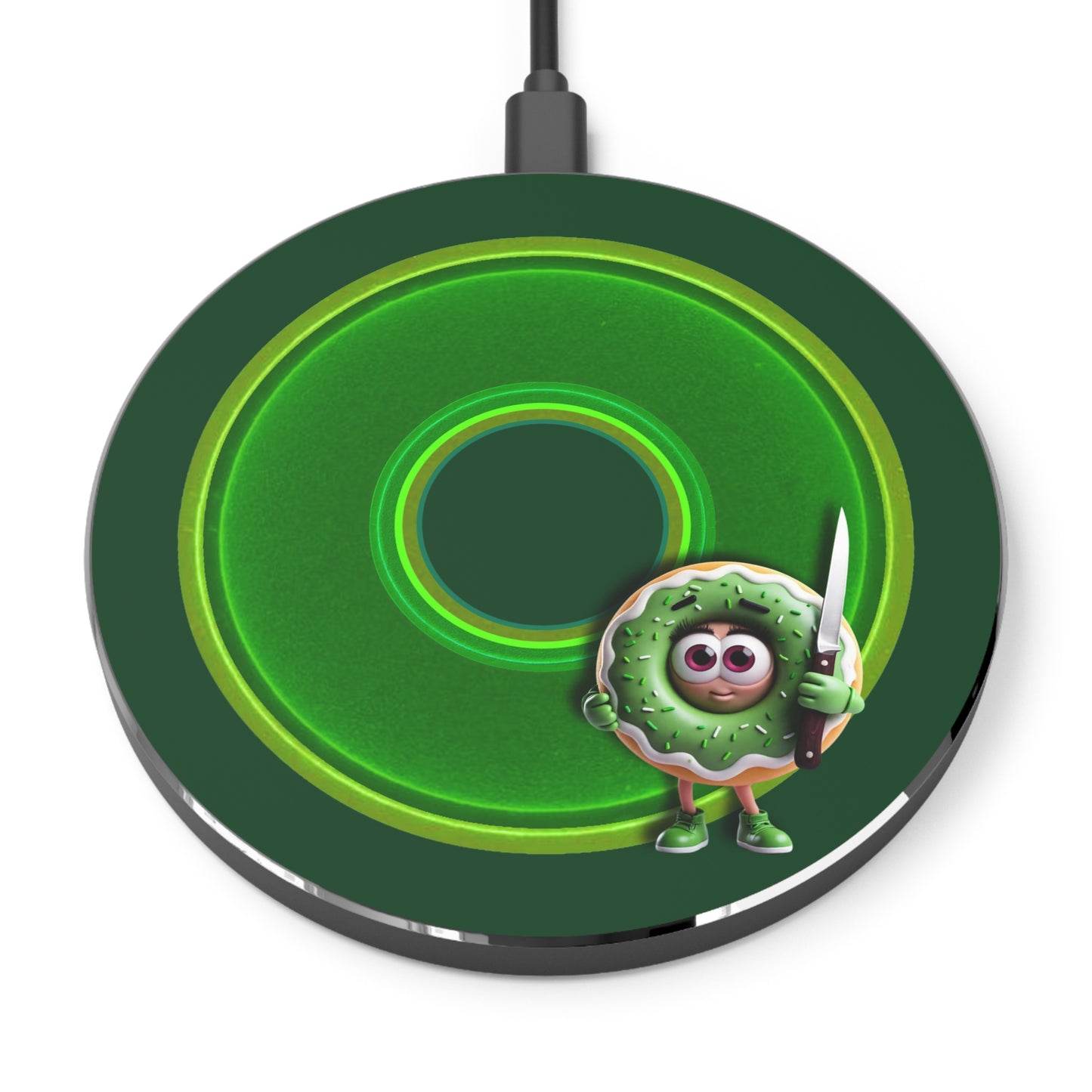 The Flow - Wireless Lumpy Donut Chargers - "My Phreind the Wireless Donut Charger" - vivid green donut w/deep pond green background - variant 4