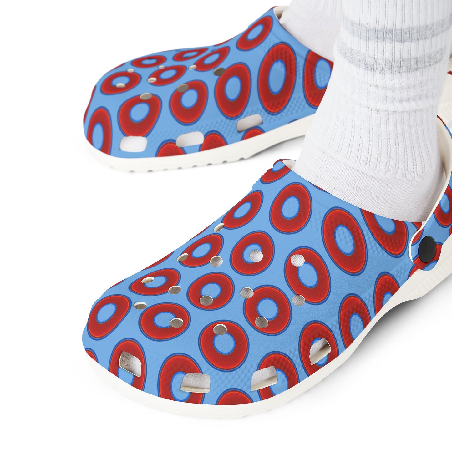 Spatchcocks - donut slip-on shoes - vivid red donuts w/light blue background [unisex]