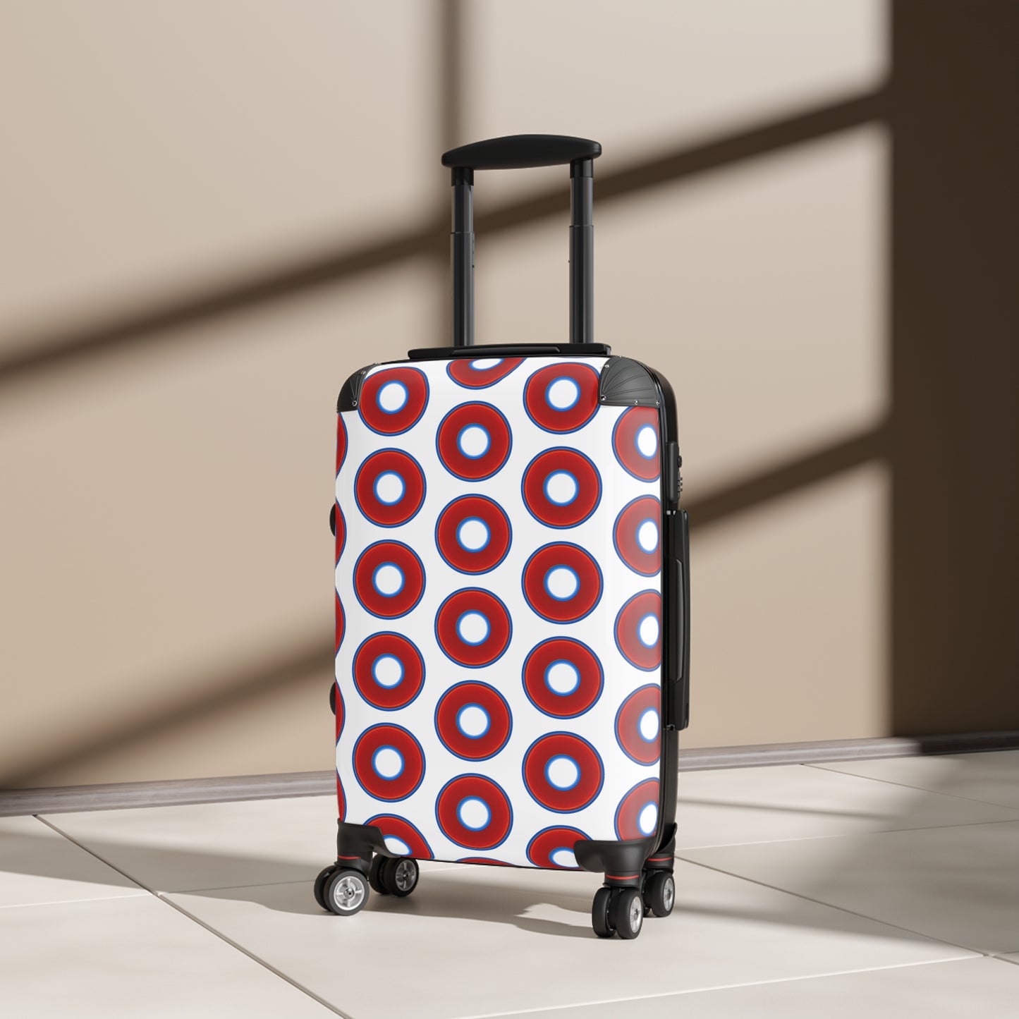 The Very Lumpy Donut Suitcase series - your choice of S, M or L - vivid red donut print w/white background