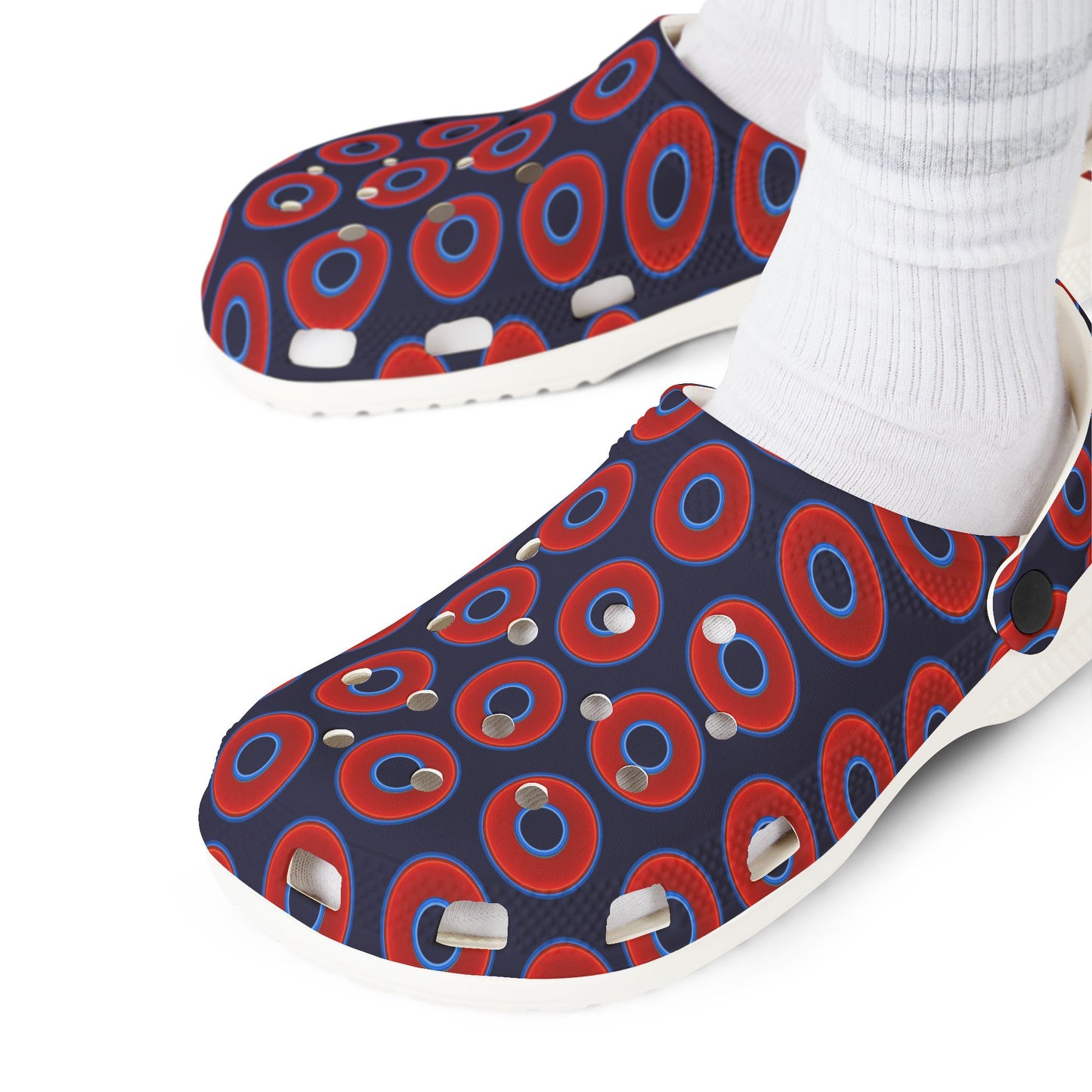 Spatchcocks - donut slip-on shoes - vivid red donuts w/midnight blue background [unisex]