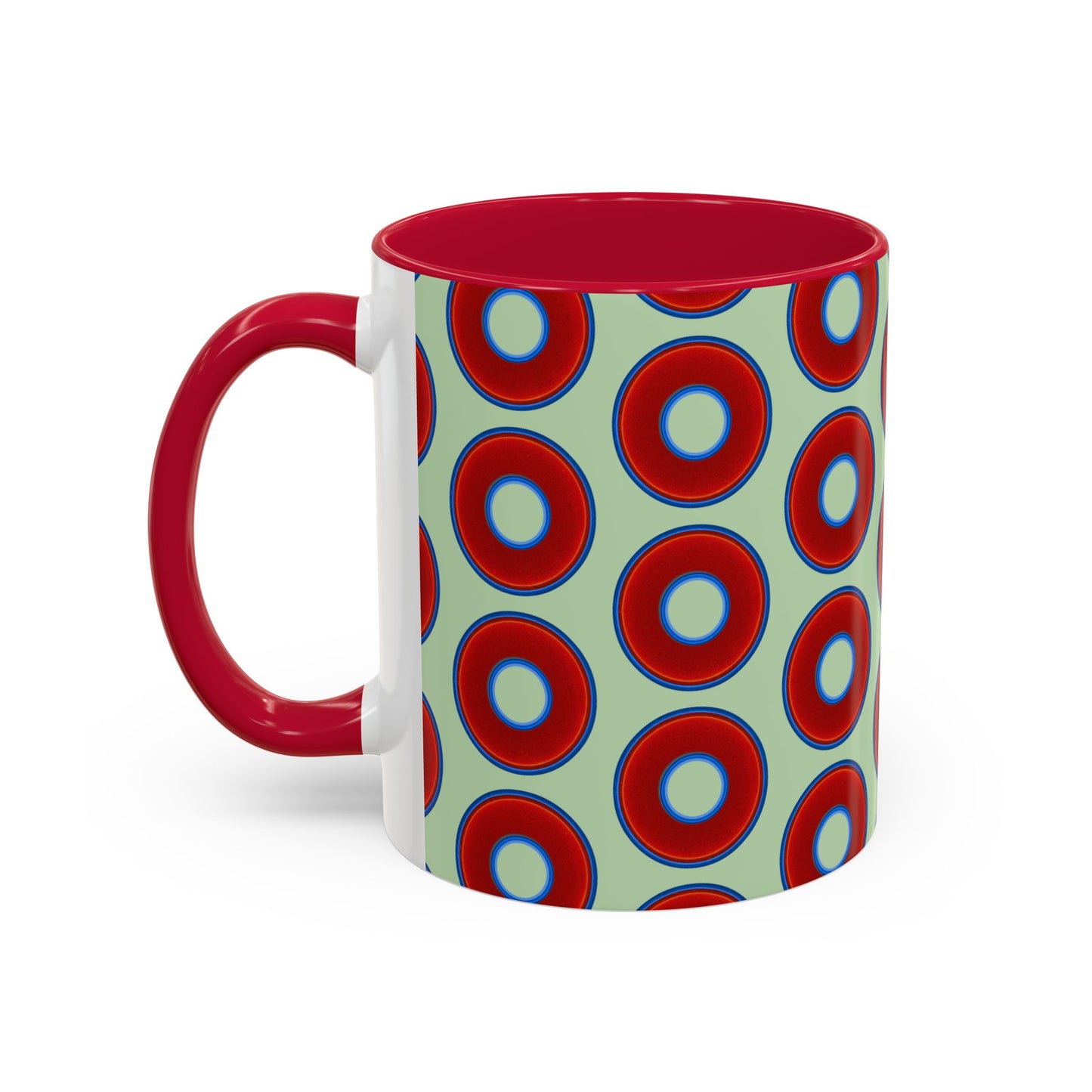 Lump's Grumpy Coffee Mug - vivid red donuts w/seafoam background