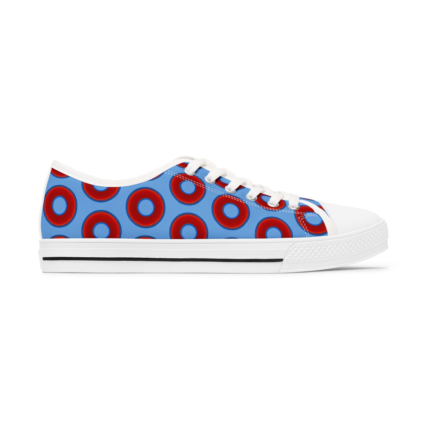 Women's - Low Top Chuck Taylors - large vivid red donut print w/light blue background