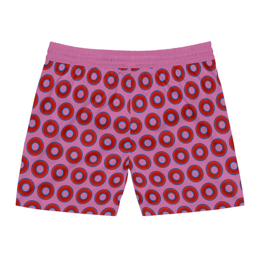 Men's Lumpy Swim Trunks - vivid red donut print w/pink background