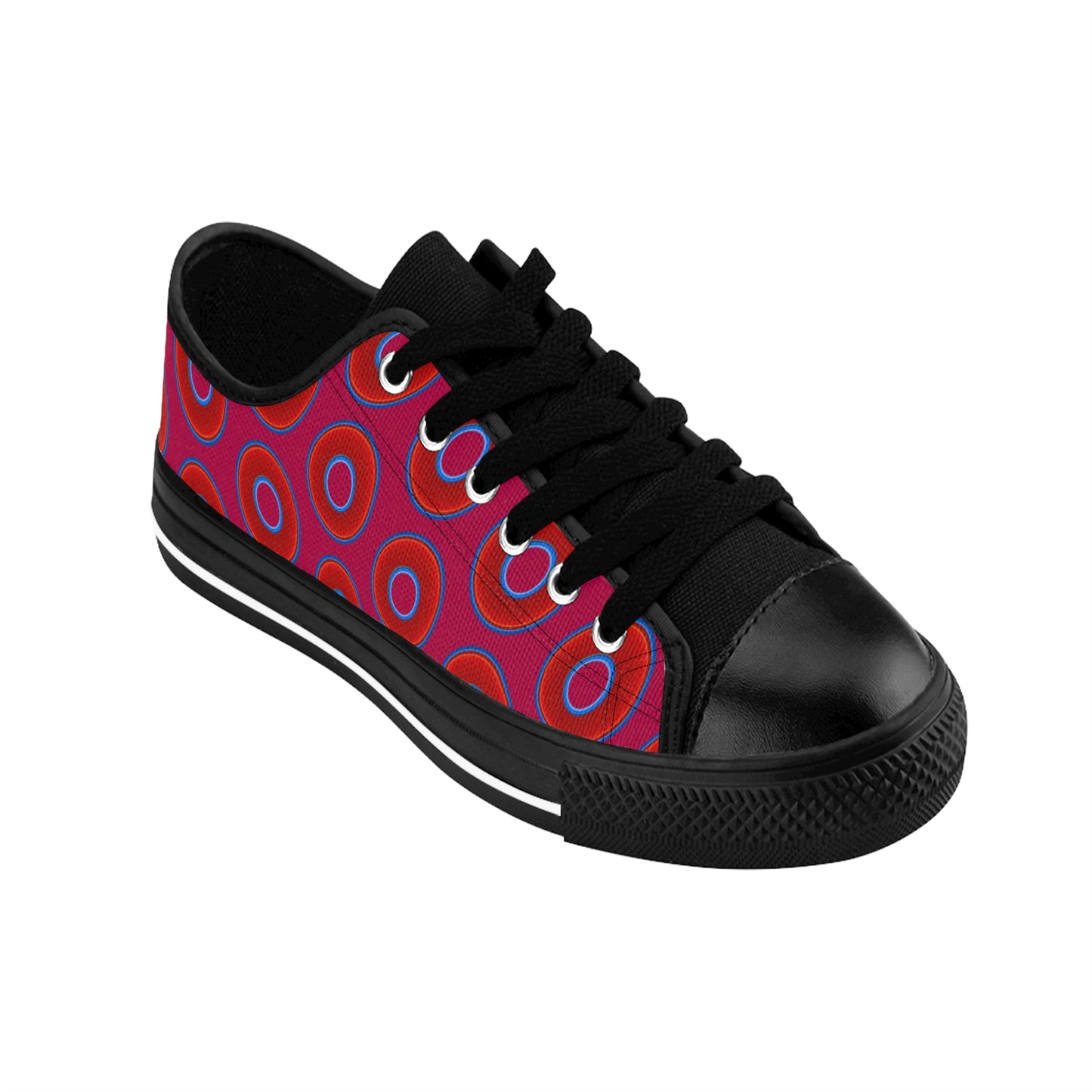 Men's Cushiony Convectors - Low Top - large red vivid donut print w/dark magenta background