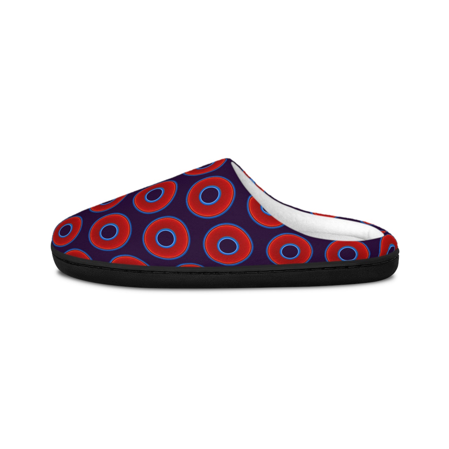 Men's Lumpy Slippers - red vivid donut print w/midnight purple background