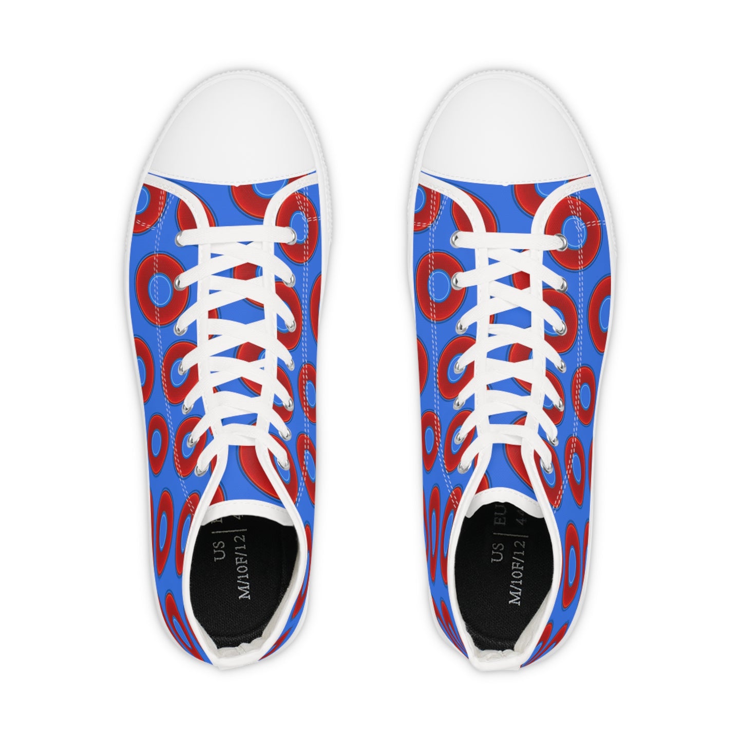 Men's High Top Chucks - large vivid red donut print w/medium royal blue background