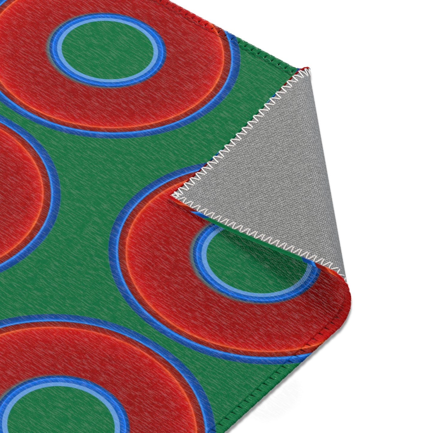 Lumpy Donut Print Rug - choice of 3 sizes - vivid red donut print w/green background