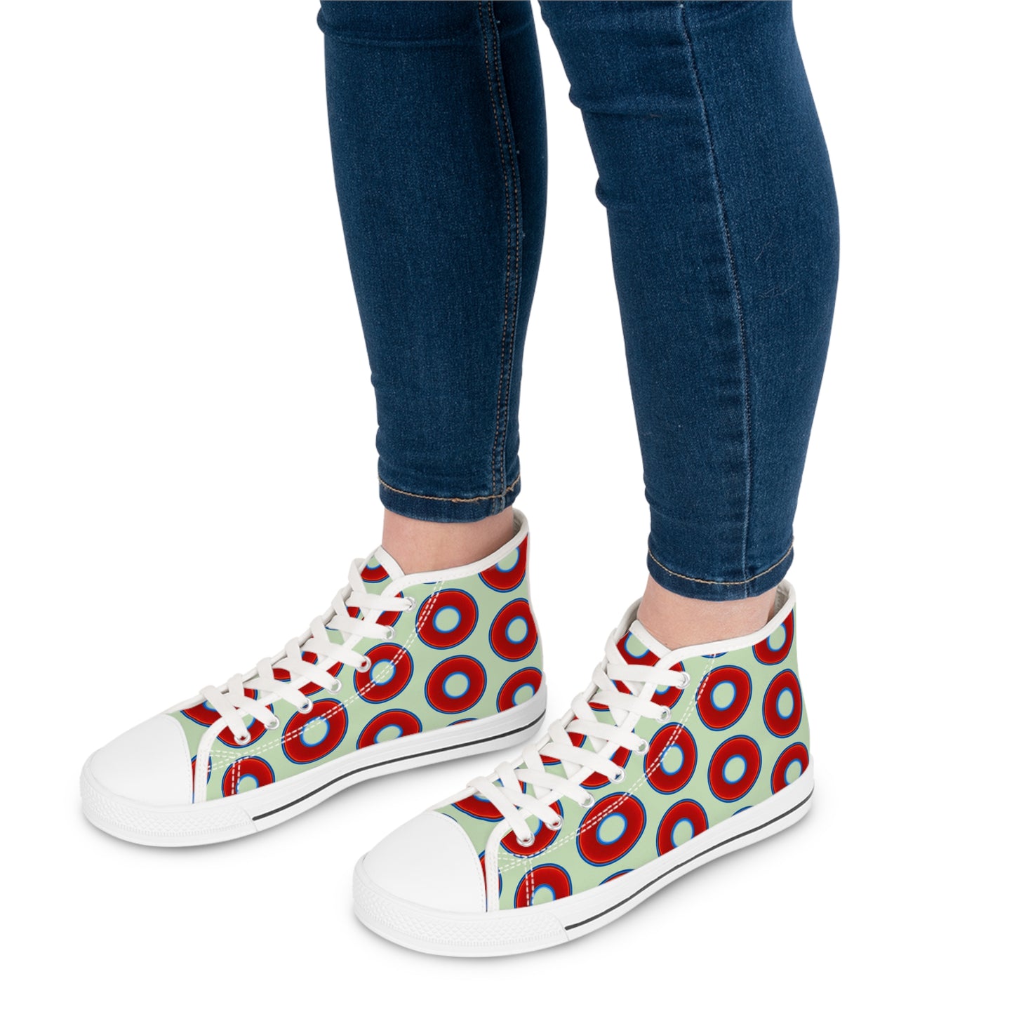Women's High Top Chuck Taylors - large vivid red donut print w/seafoam background