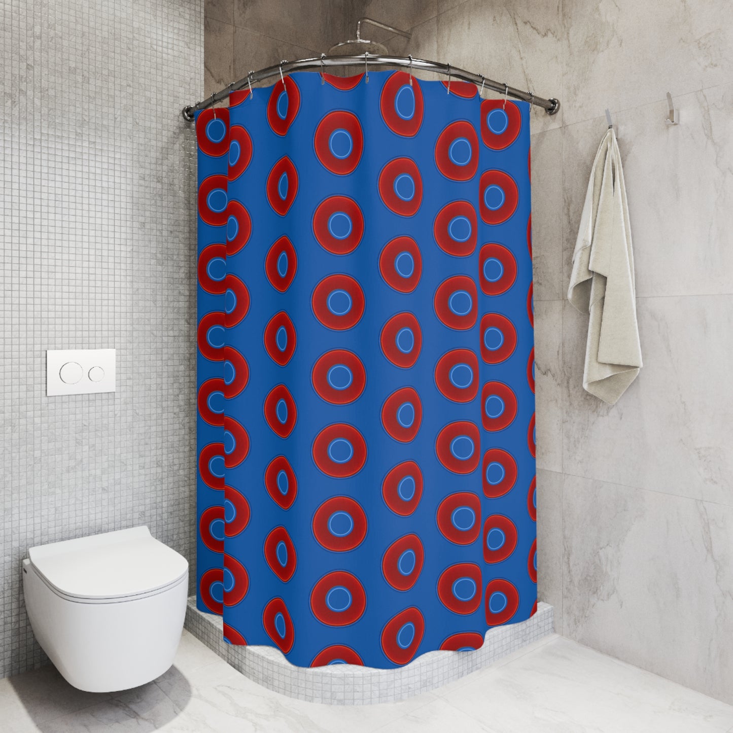 The Curtain With "Donuts" - Lumpy Bath Time Fun - vivid red donuts w/dark royal blue background