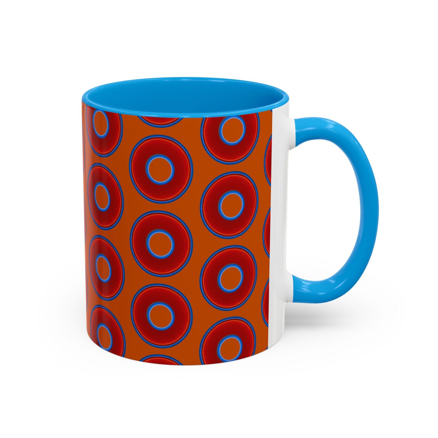 Lump's Grumpy Coffee Mug - vivid red donuts w/dark orange background
