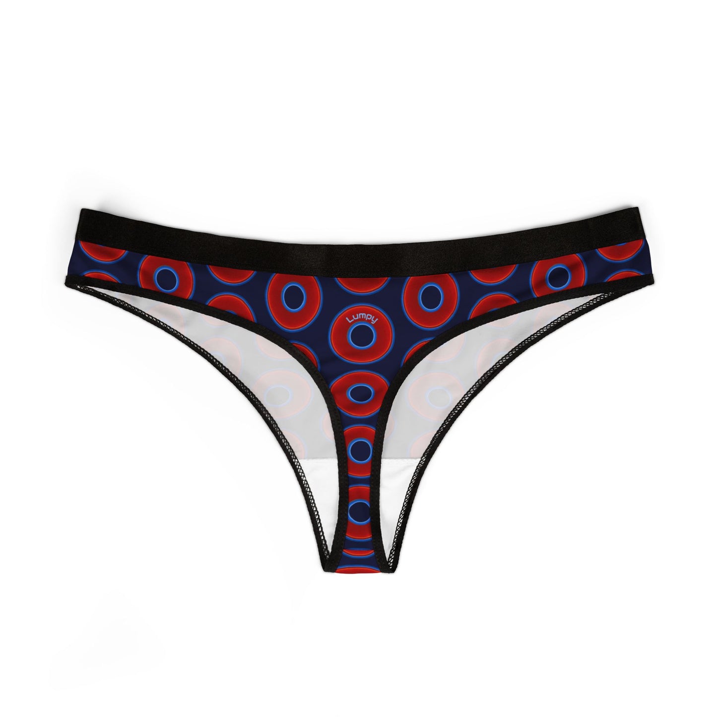 Lumpy Donut Thongs - red vivid donut print w/dark navy blue background