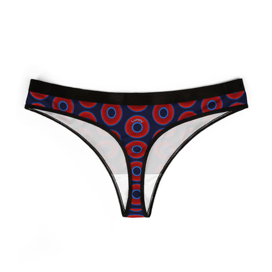 Lumpy Donut Thongs - red vivid donut print w/dark navy blue background
