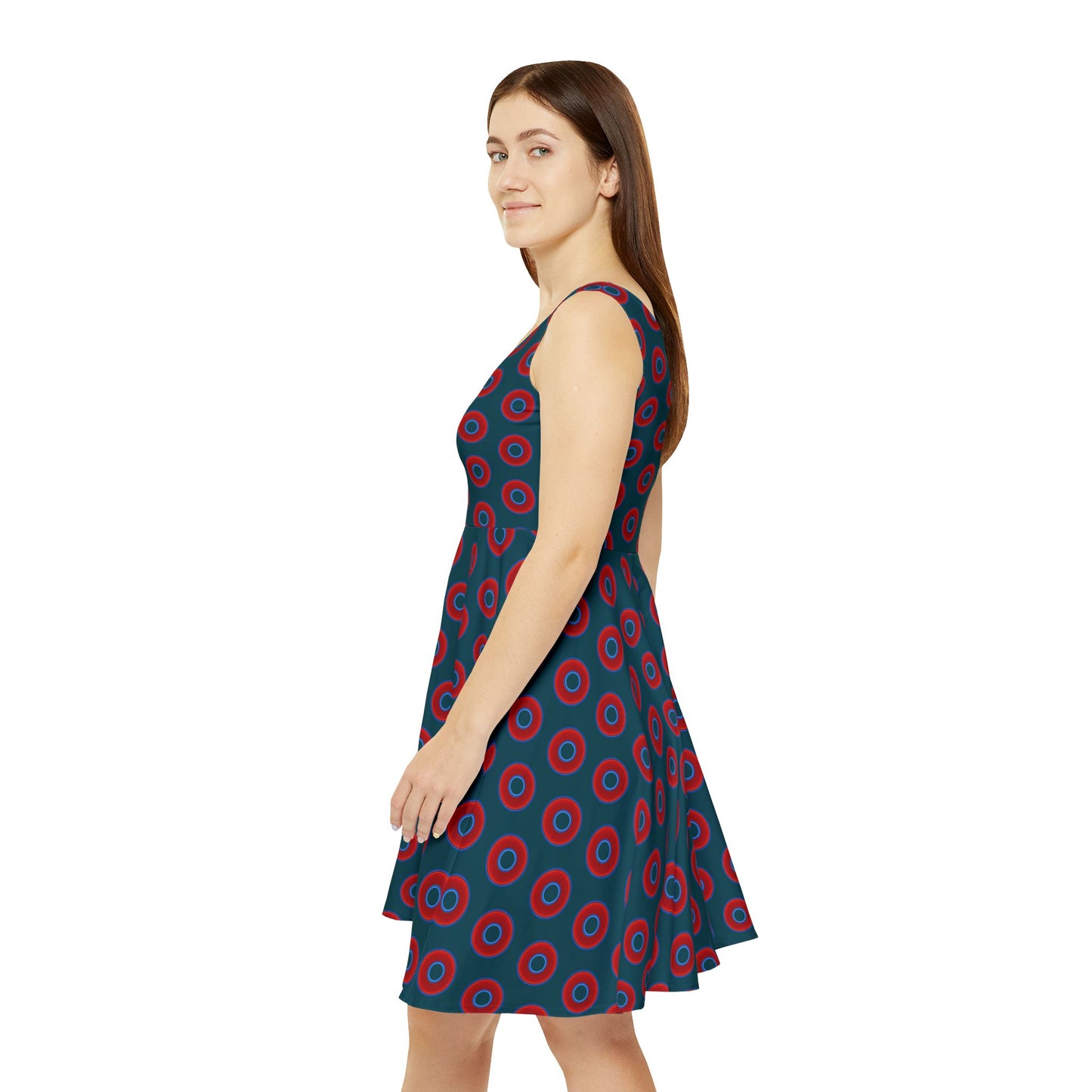 Women's Skater Donut Dress - vivid red donut print w/midnight teal green background