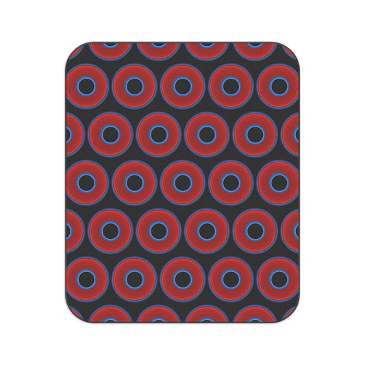 The Lumpy Party Blanket - giant water-resistant outdoor blanket [61" x 51"] - vivid red donuts w/black background