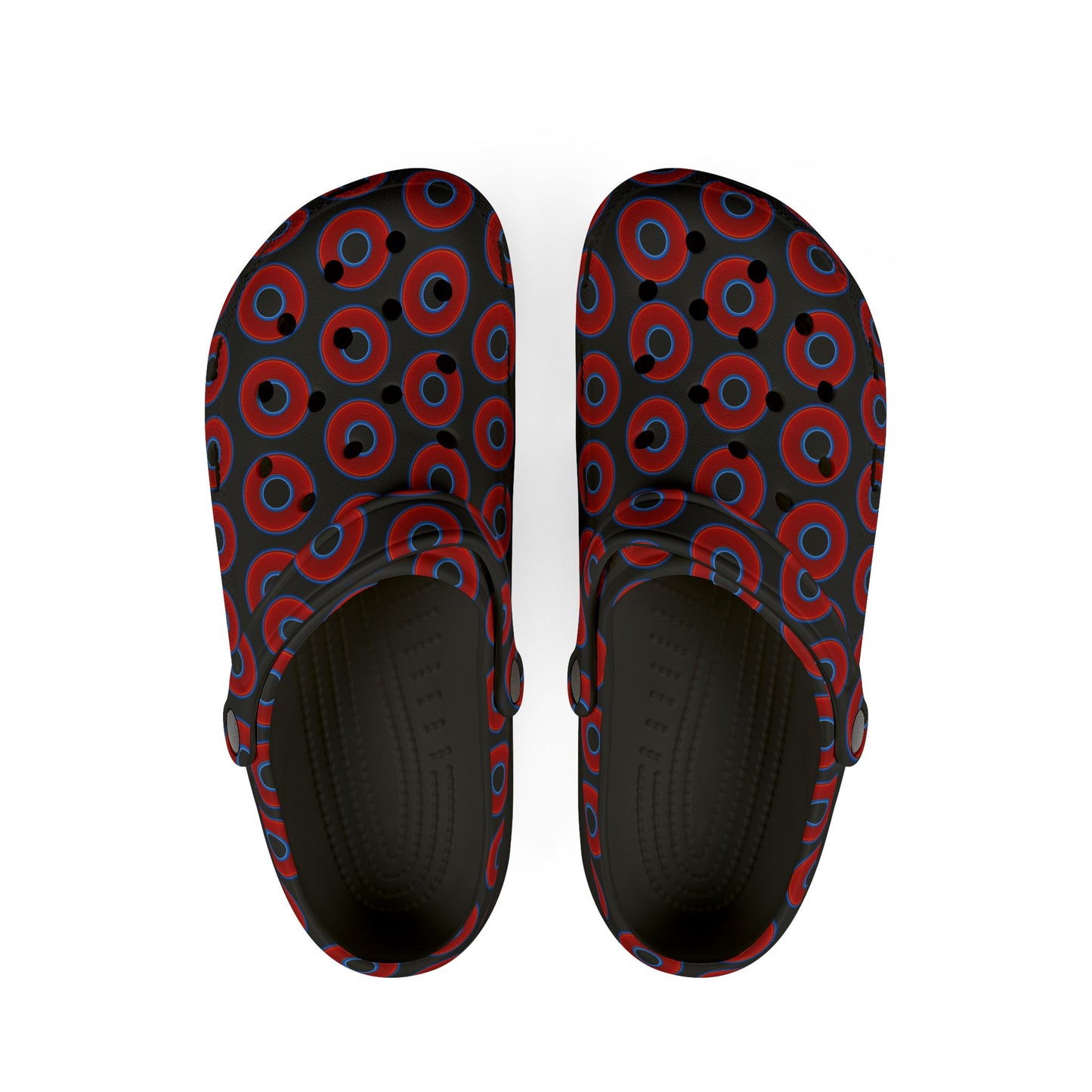 Spatchcocks - donut slip-on shoes - vivid red donuts w/black background [unisex]