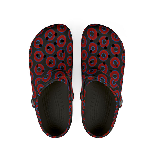 Spatchcocks - donut slip-on shoes - vivid red donuts w/black background [unisex]